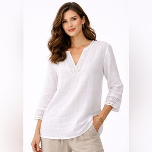 Sigrid Olsen 100% Linen White Tunic Top L Lace Trim Boho Coastal